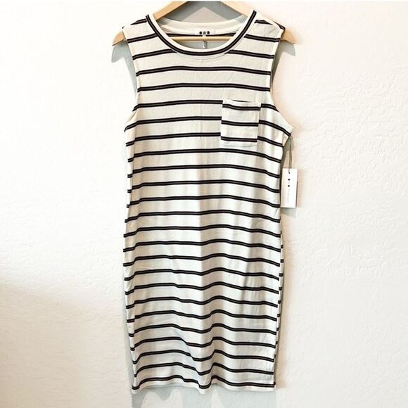 Three Dots Tank Dress Soft Stretch Knit Cream Black Stripe Sleeveless M NWT - Picture 1 of 16